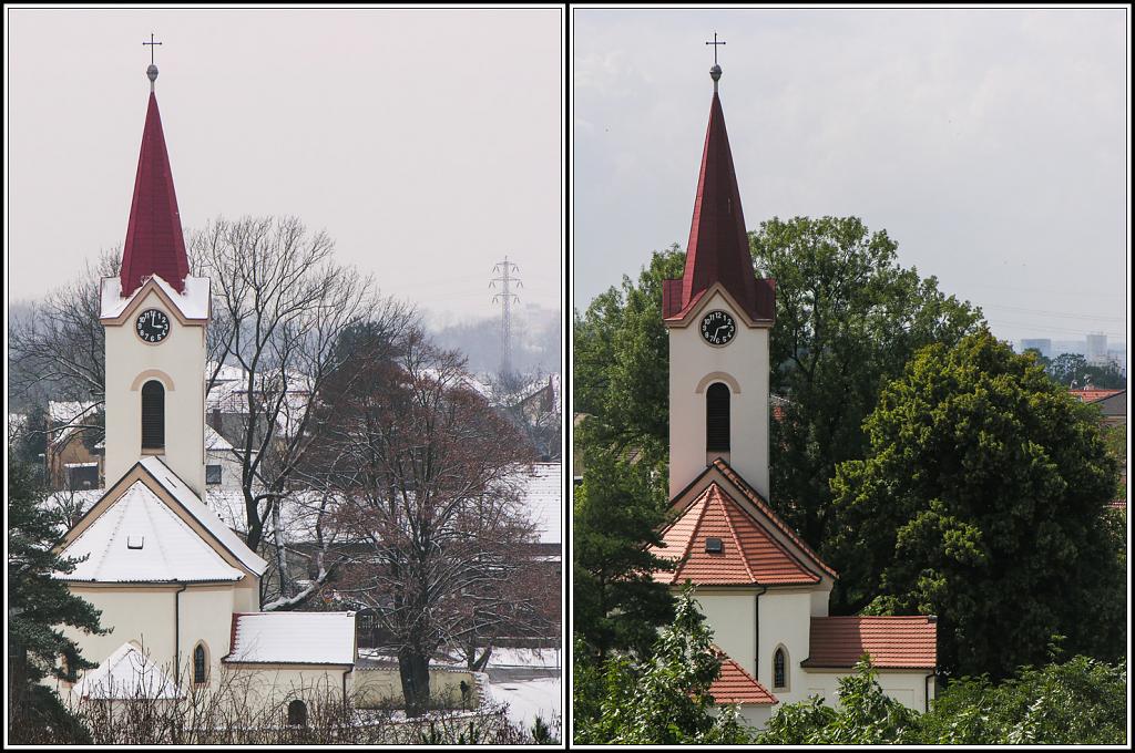 Kostel v zimě a v létě
